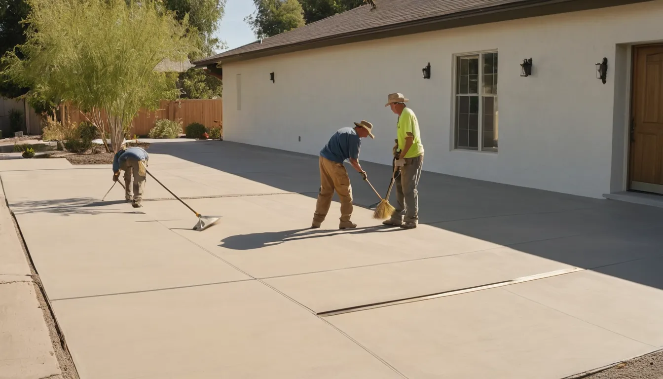 A freshly poured concrete driveway beside a stucco ranch home in Orange
